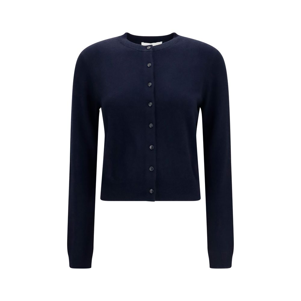 Cardigan by Lisa Yang for women in cashmere & capra leather blue showcases a luxurious silhouette, meticulously detailed with a sophisticated crew neckline and long-sleeve for a refined finish.
