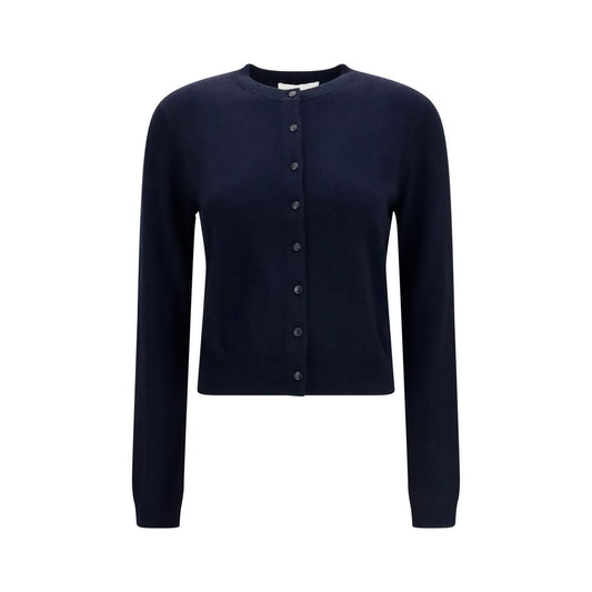Cardigan by Lisa Yang for women in cashmere & capra leather blue showcases a luxurious silhouette, meticulously detailed with a sophisticated crew neckline and long-sleeve for a refined finish.