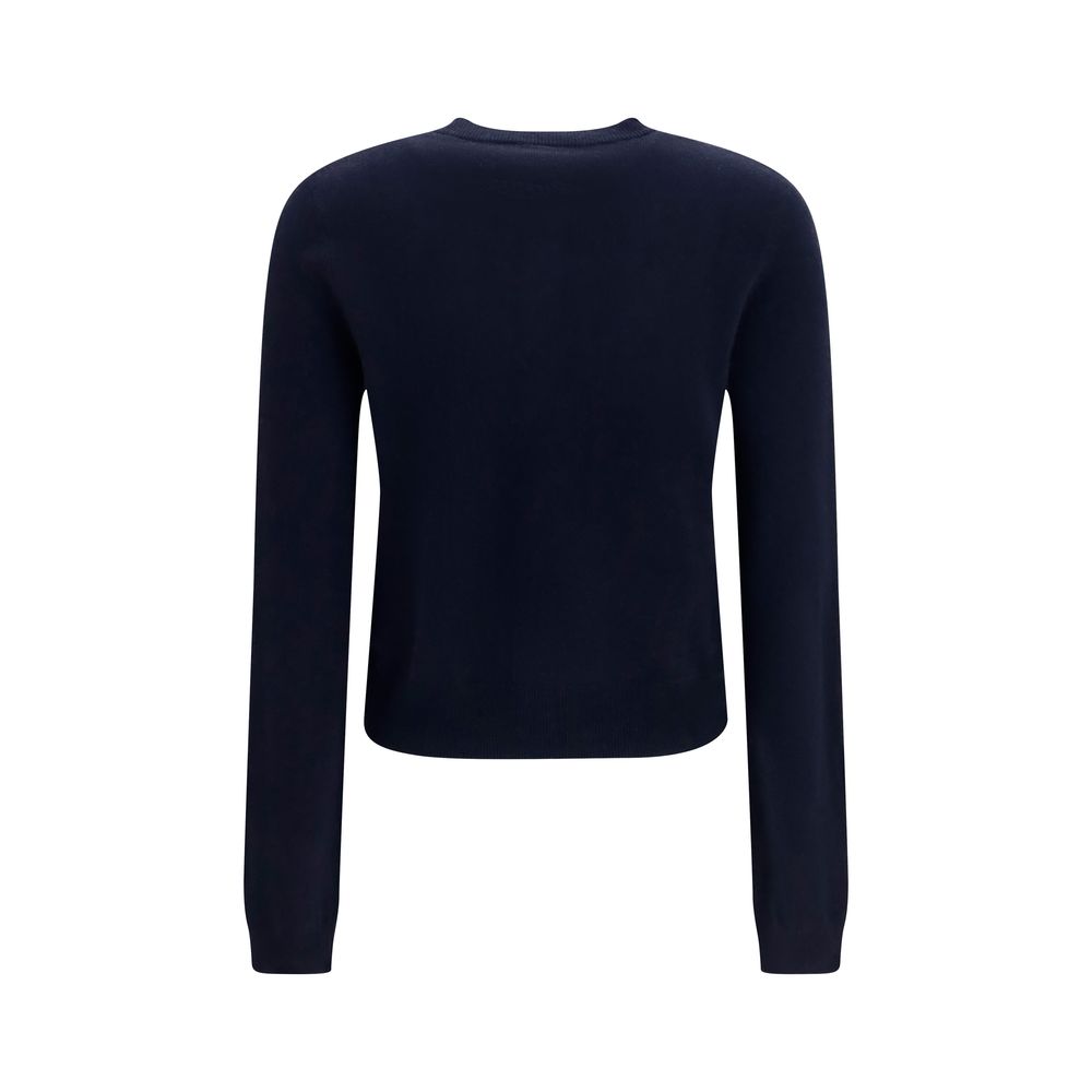 Cardigan by Lisa Yang for women in cashmere & capra leather blue features a dramatic silhouette, showcasing a sophisticated crew neckline and dramatic detail for a timeless, premium look.