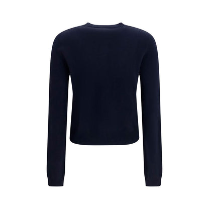 Cardigan by Lisa Yang for women in cashmere & capra leather blue features a dramatic silhouette, showcasing a sophisticated crew neckline and dramatic detail for a timeless, premium look.