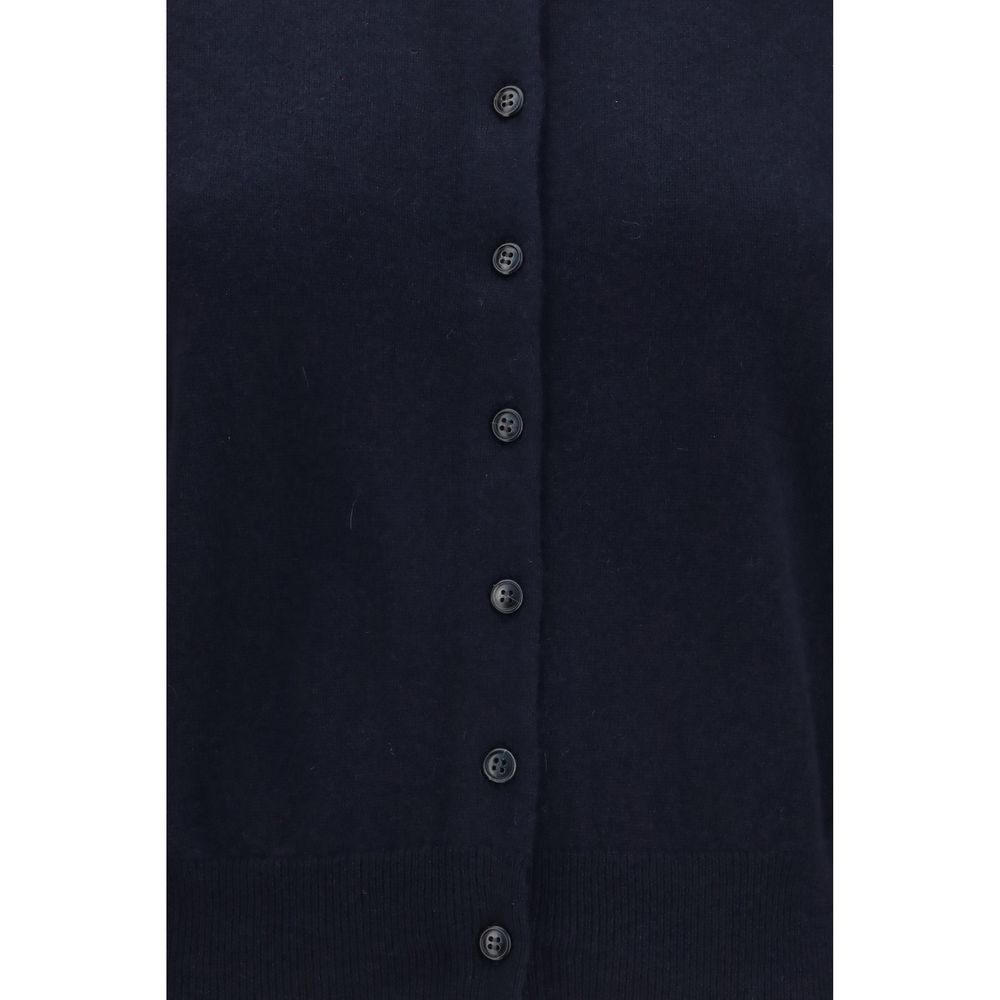 Cardigan by Lisa Yang for women in cashmere & capra leather blue showcases a captivating silhouette, artfully detailed with a captivating and for a truly sophisticated captivating look.