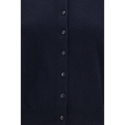 Cardigan by Lisa Yang for women in cashmere & capra leather blue showcases a captivating silhouette, artfully detailed with a captivating and for a truly sophisticated captivating look.