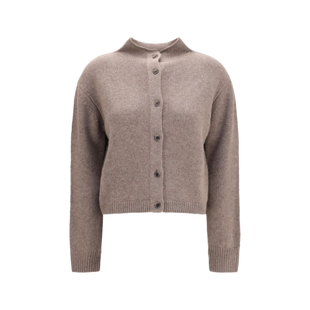 Cardigan by Lisa Yang for women in cashmere & capra leather beige features an crisp silhouette, showcasing a sophisticated round neckline and detail for a truly crisp finish.