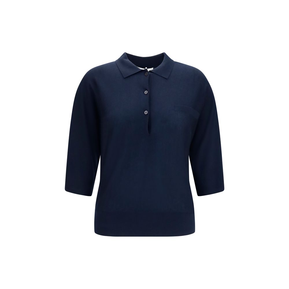 Sweater by Lisa Yang for women in cashmere & capra leather blue showcases a downtown chic silhouette, artfully finished with a downtown chic mock neckline and short-sleeve for a sophisticated, high-end look.