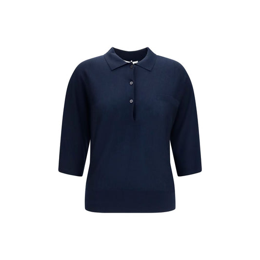 Sweater by Lisa Yang for women in cashmere & capra leather blue showcases a downtown chic silhouette, artfully finished with a downtown chic mock neckline and short-sleeve for a sophisticated, high-end look.