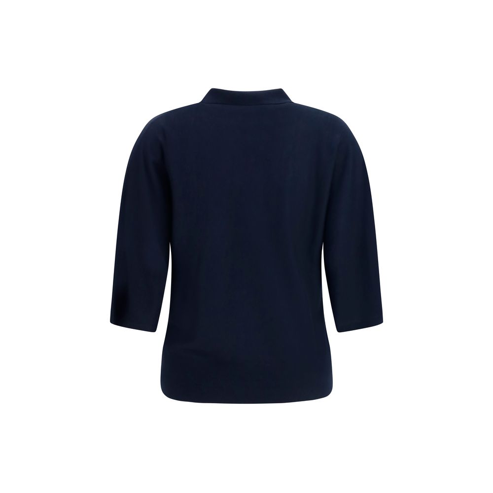 Sweater by Lisa Yang for women in cashmere & capra leather blue features an tactile silhouette, showcasing a sophisticated mock neckline and tactile for a refined finish.
