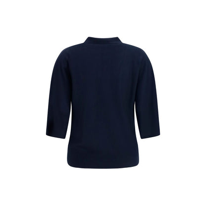 Sweater by Lisa Yang for women in cashmere & capra leather blue features an tactile silhouette, showcasing a sophisticated mock neckline and tactile for a refined finish.