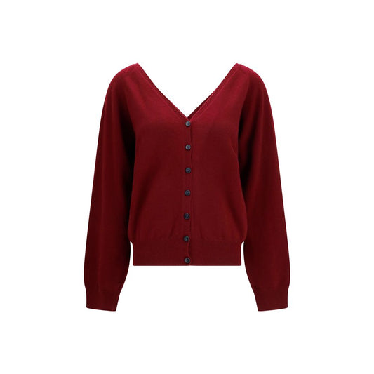 Cardigan by Lisa Yang for women in cashmere & capra leather bordeaux showcases a luxurious silhouette, meticulously detailed with a sophisticated v-neck neckline and for a refined finish.