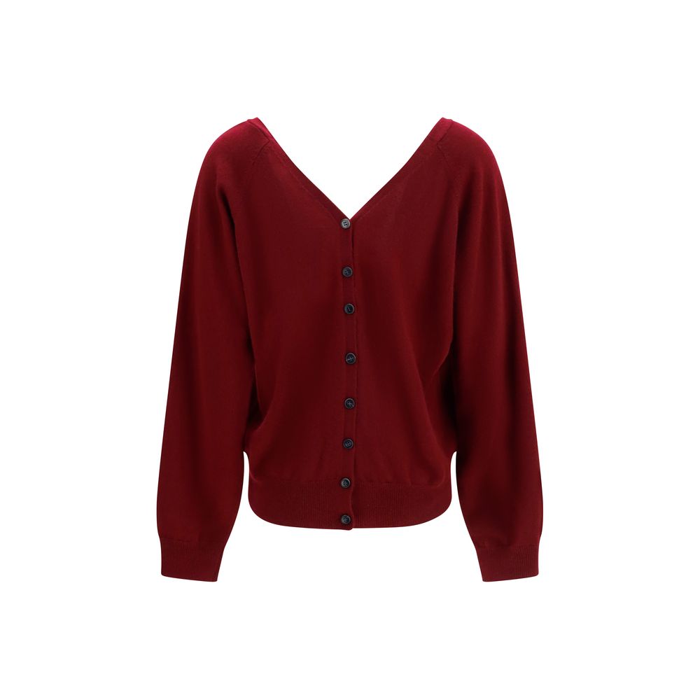 Cardigan by Lisa Yang for women in cashmere & capra leather bordeaux showcases a captivating silhouette, artfully detailed with a captivating and v-neck neckline for a truly sophisticated captivating look.