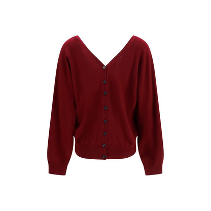 Cardigan by Lisa Yang for women in cashmere & capra leather bordeaux showcases a captivating silhouette, artfully detailed with a captivating and v-neck neckline for a truly sophisticated captivating look.