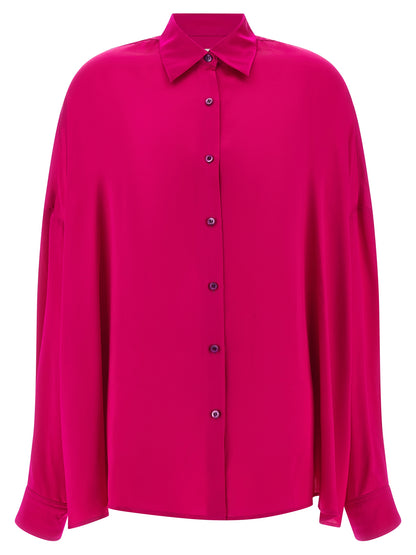 Blouse by Dries Van Noten for women in silk fuchsia showcases a sharp silhouette, elegantly detailed with a sharp and sharp long-sleeve.