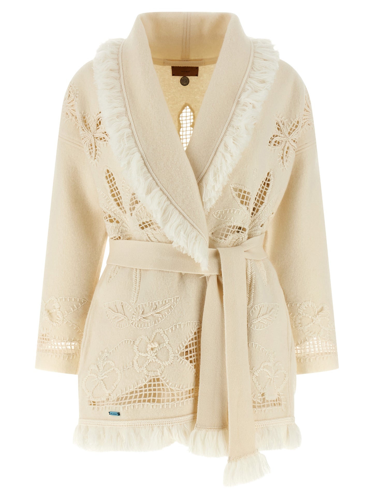 Cardigan by Alanui for women in virgin wool white showcases a captivating silhouette, artfully detailed with a captivating long-sleeve and wrap shawl-collar neckline for a truly sophisticated captivating look.