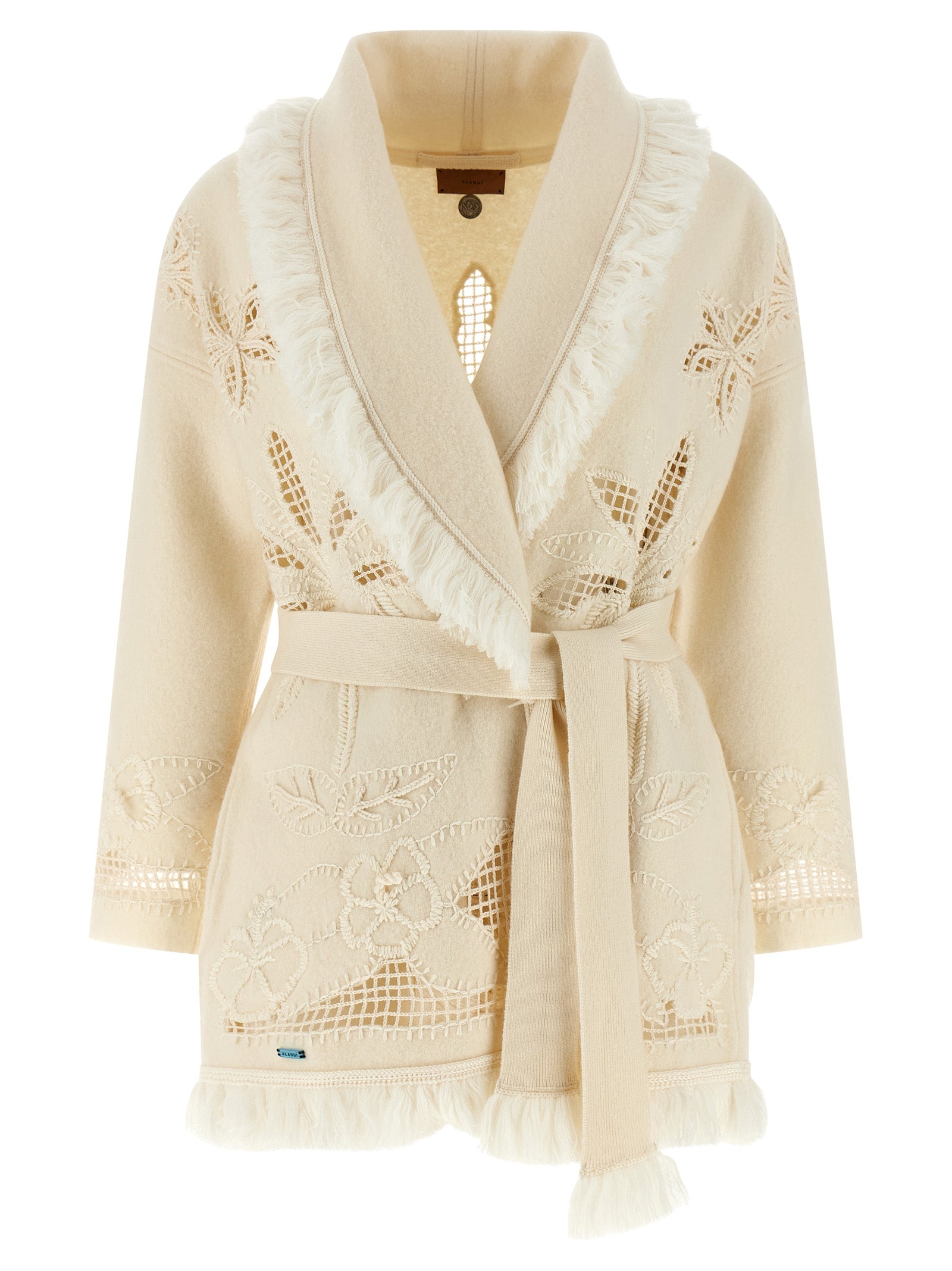 Cardigan by Alanui for women in virgin wool white showcases a captivating silhouette, artfully detailed with a captivating long-sleeve and wrap shawl-collar neckline for a truly sophisticated captivating look.