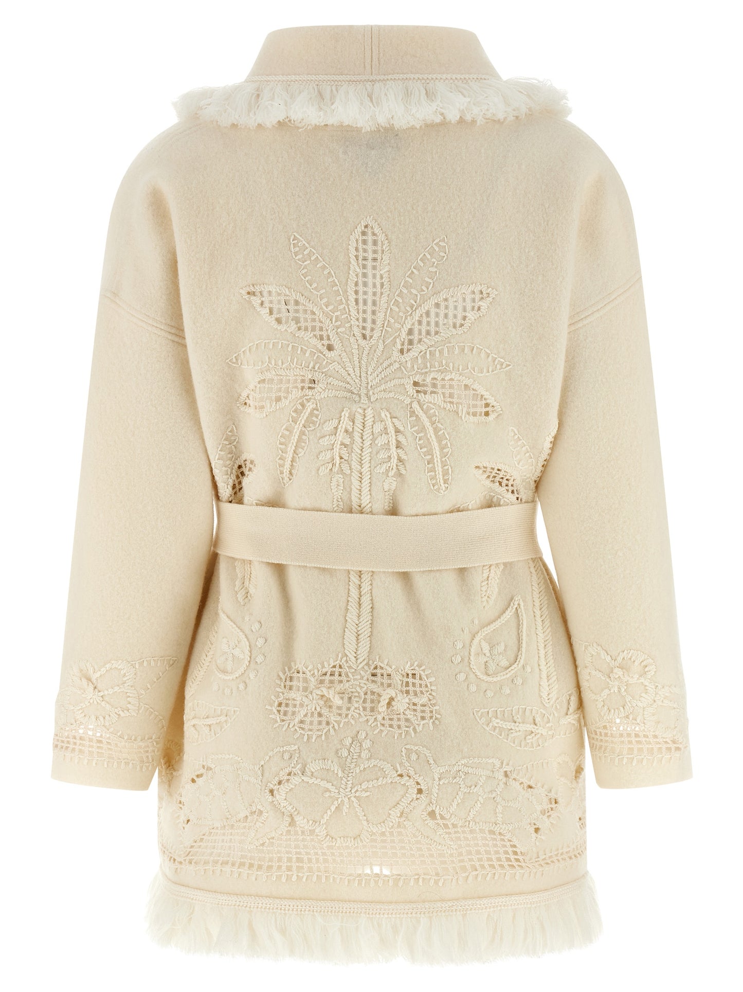 Cardigan by Alanui for women in virgin wool white features a dramatic silhouette, showcasing a sophisticated wrap shawl-collar neckline and dramatic detail for a timeless, premium look.