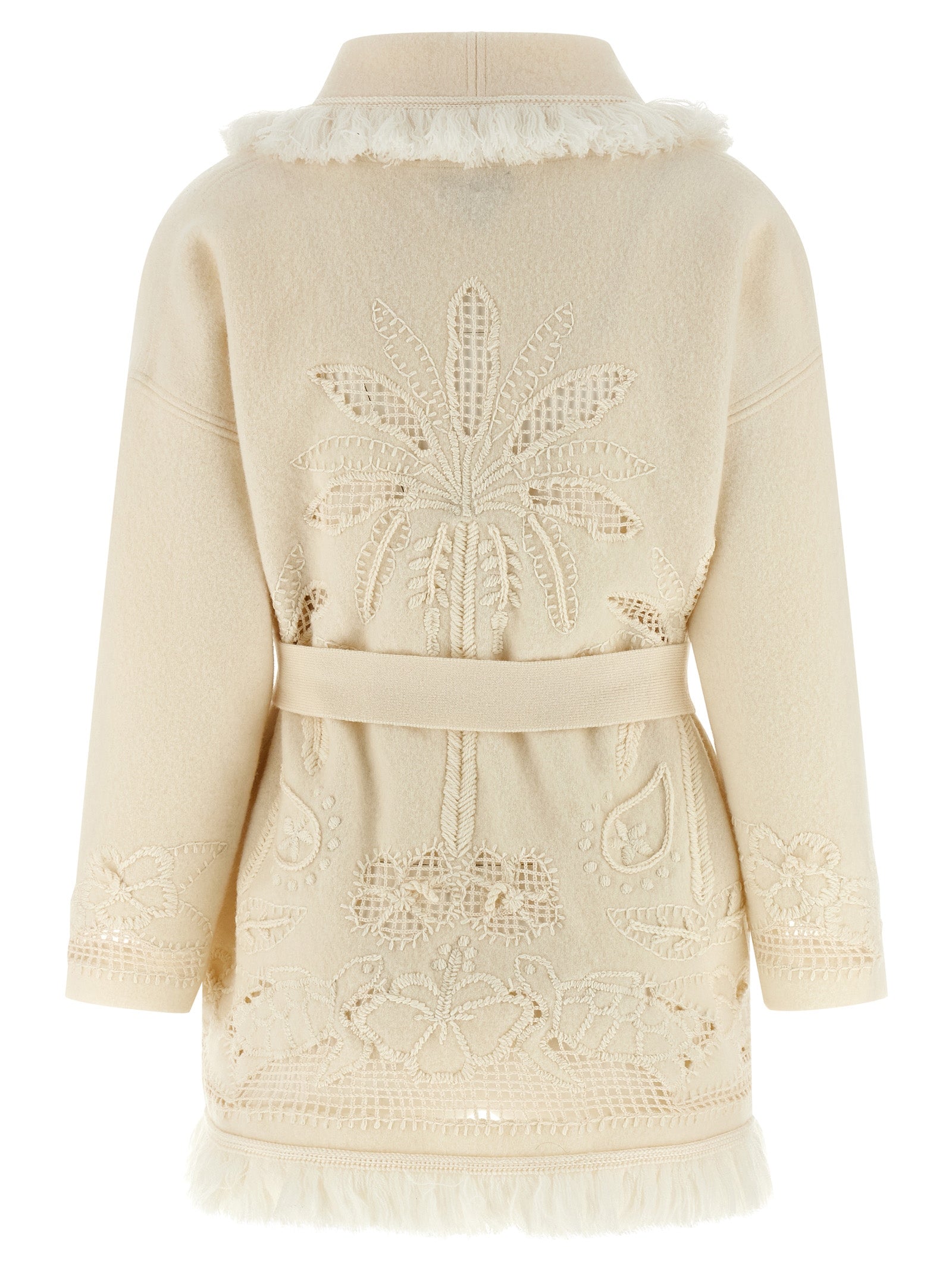Cardigan by Alanui for women in virgin wool white features a dramatic silhouette, showcasing a sophisticated wrap shawl-collar neckline and dramatic detail for a timeless, premium look.