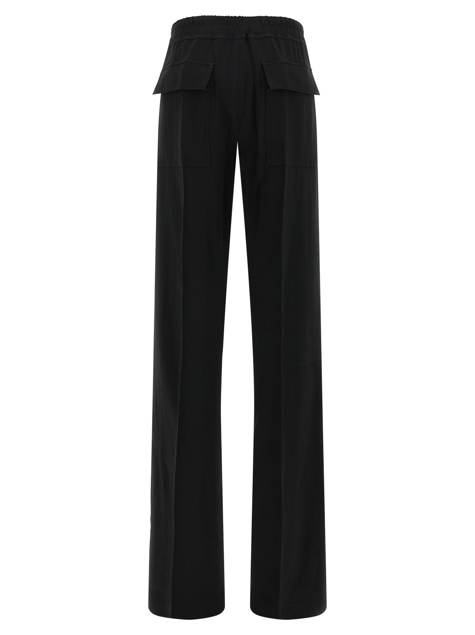 Casual Pants by Rick Owens for women in acetate & viscose black presents a tailored silhouette, showcasing a tailored wide and long cut with a refined for a truly tailored aesthetic.