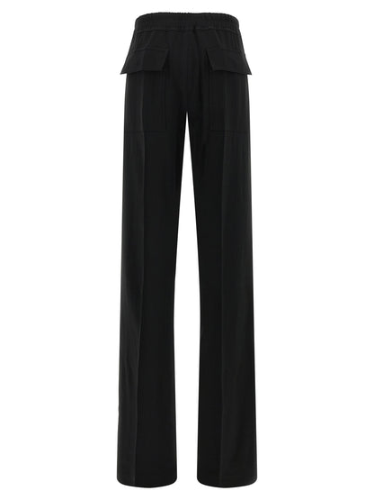 Casual Pants by Rick Owens for women in acetate & viscose black presents a tailored silhouette, showcasing a tailored wide and long cut with a refined for a truly tailored aesthetic.