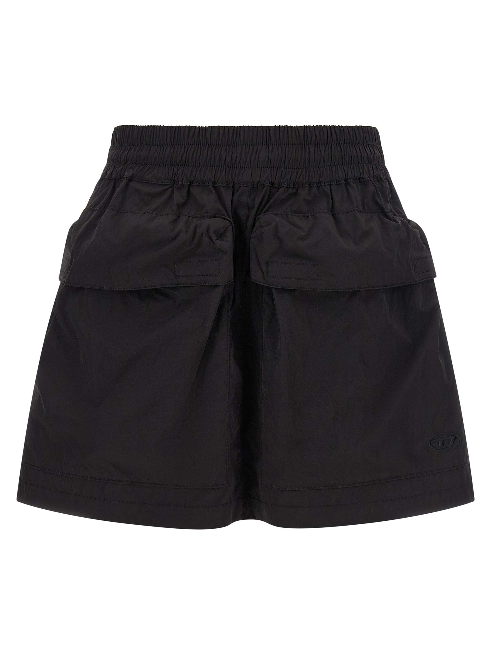 Skirt by Diesel for women in nylon black features an tailored silhouette, artfully capturing the essence of Women's Flared Nylon Skirt in a sophisticated mini long.