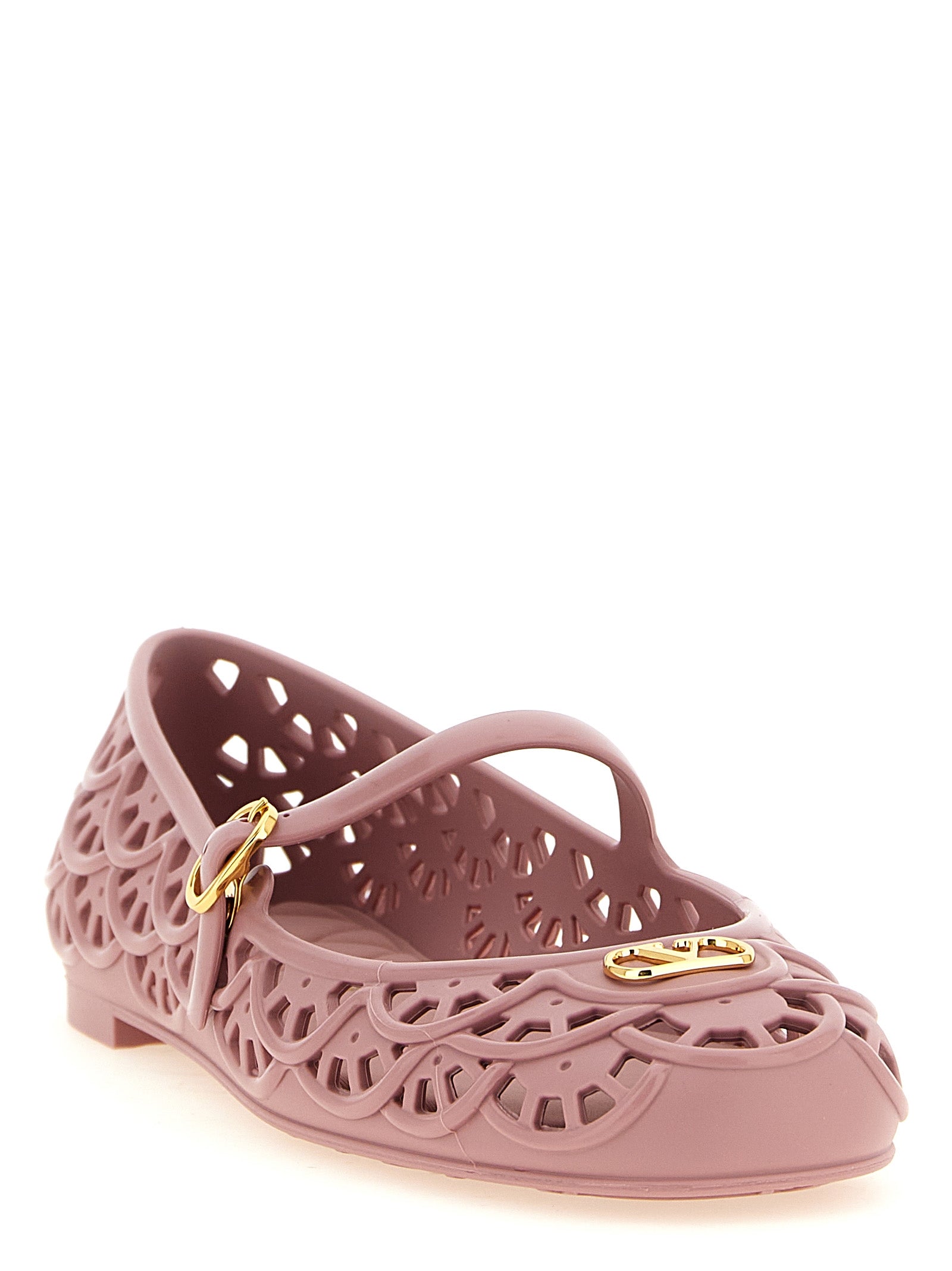 Ballet Mary-Jane Flat Shoes by Valentino Garavani for women in polyvinyl gold, multicolor, powder-pink, patterned & signature showcases a dynamic silhouette, artfully capturing V Logo Women's Polyvinyl Ballet Mary-Jane Flat Shoes through its distinctive and elegant .