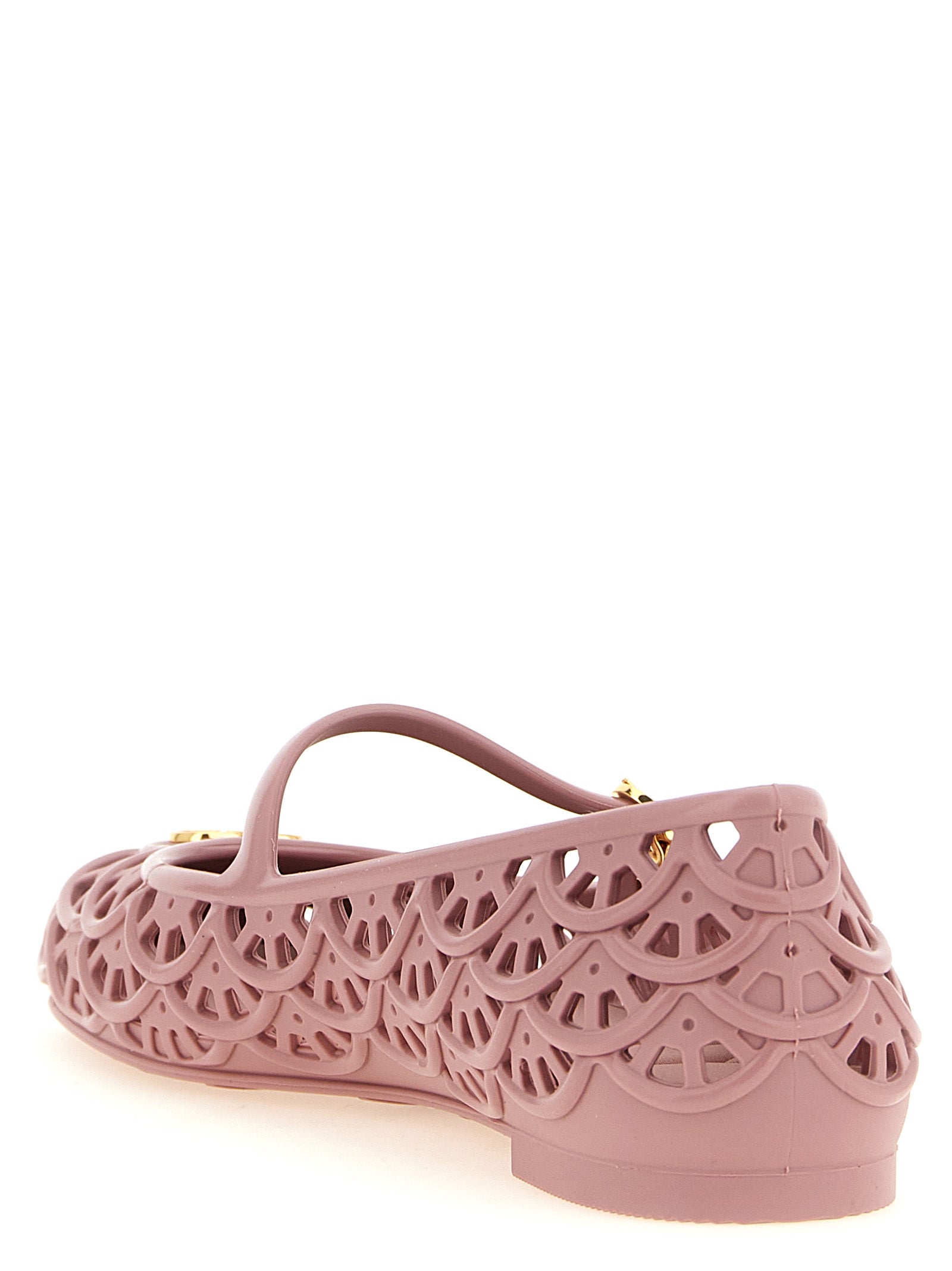 Ballet Mary-Jane Flat Shoes by Valentino Garavani for women in polyvinyl gold, multicolor, powder-pink, patterned & signature presents a effortless chic silhouette, showcasing the V Logo Women's Polyvinyl Ballet Mary-Jane Flat Shoes design with a effortless chic and for a sophisticated look.