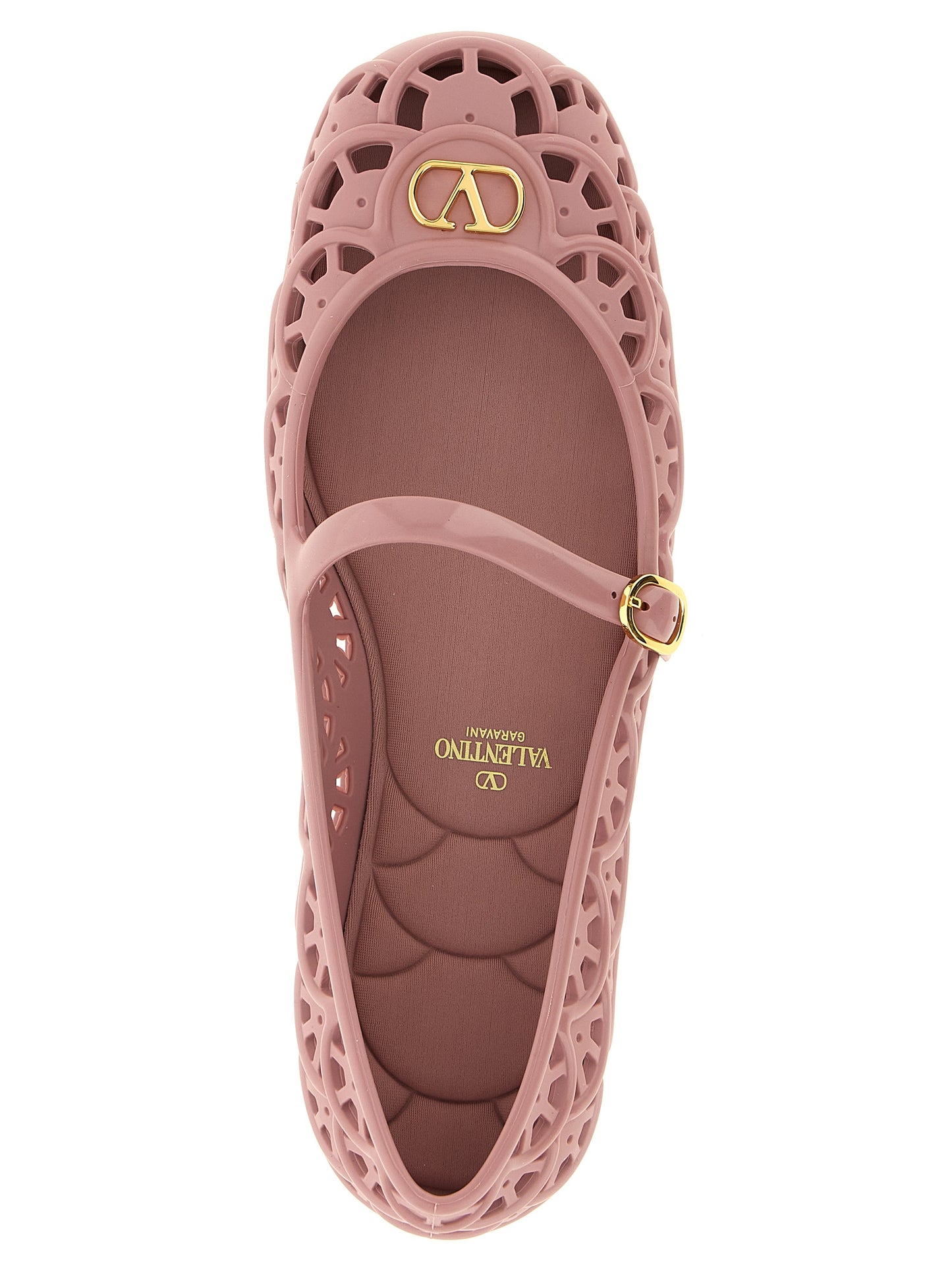 Ballet Mary-Jane Flat Shoes by Valentino Garavani for women in polyvinyl gold, multicolor, powder-pink, patterned & signature presents a impeccable silhouette as V Logo Women's Polyvinyl Ballet Mary-Jane Flat Shoes, artfully designed with a and a impeccable for a refined, upscale finish.