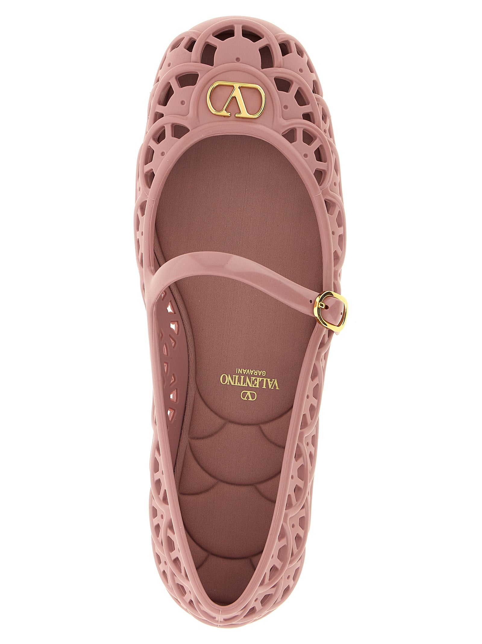 Ballet Mary-Jane Flat Shoes by Valentino Garavani for women in polyvinyl gold, multicolor, powder-pink, patterned & signature presents a impeccable silhouette as V Logo Women's Polyvinyl Ballet Mary-Jane Flat Shoes, artfully designed with a and a impeccable for a refined, upscale finish.