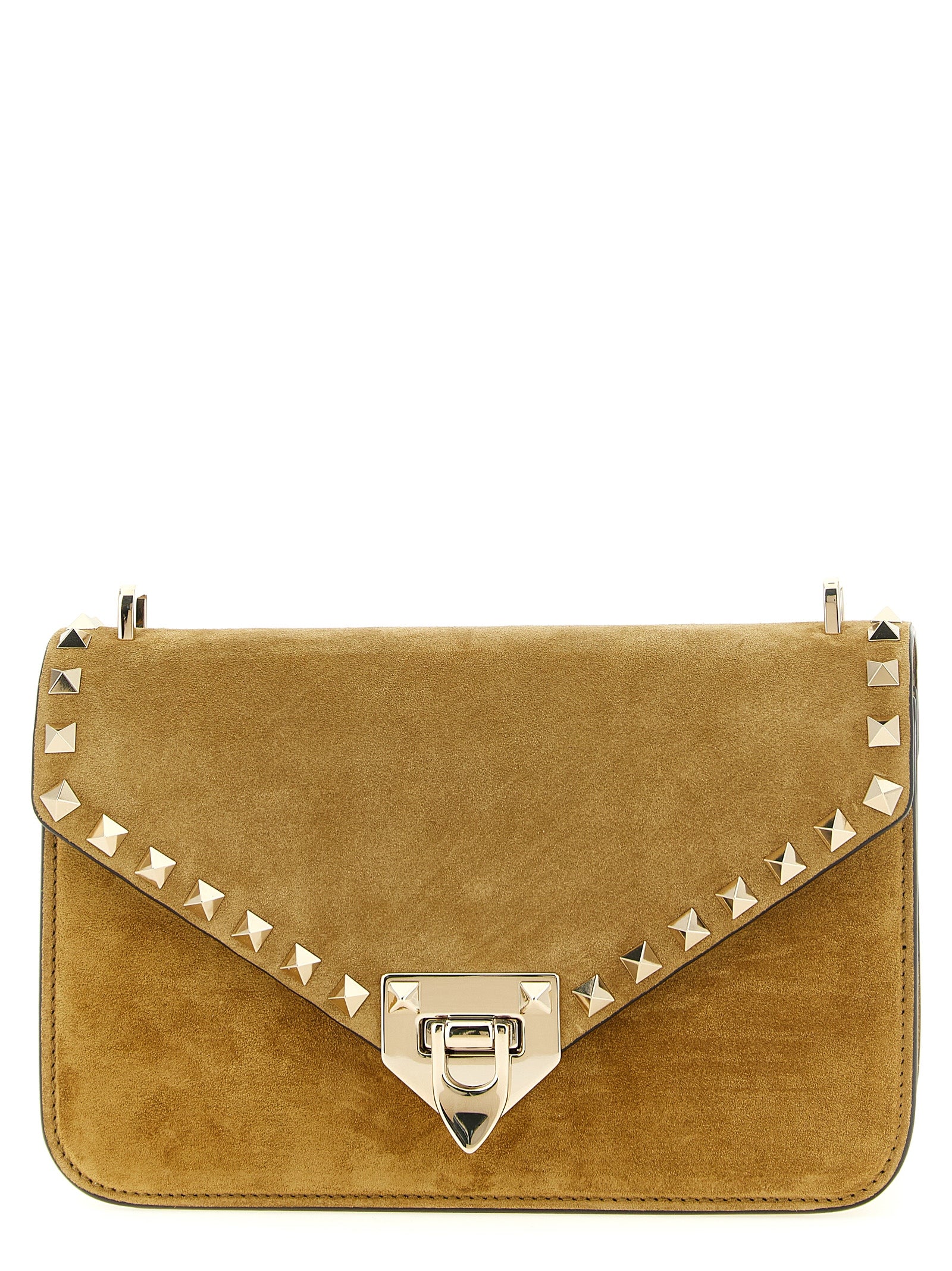 Small 2-in-1 Shoulder & Crossbody Envelope Handbag by Valentino Garavani for women in suede calfskin leather beige, gold & signature features a versatile chic silhouette, meticulously detailed with a secure snap, ample , and versatile crossbody-strap, shoulder-strap & adjustable-strap.