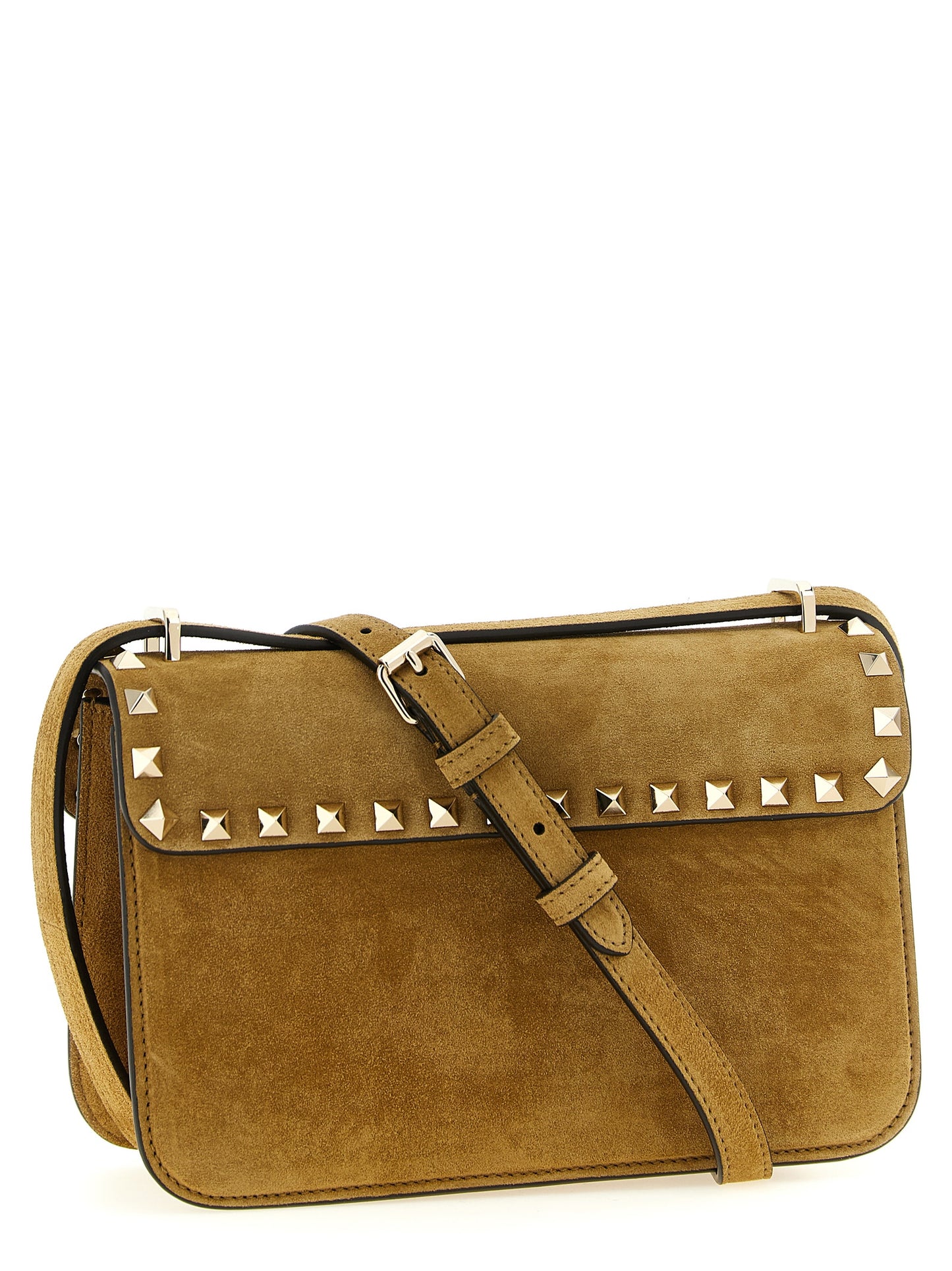 Small 2-in-1 Shoulder & Crossbody Envelope Handbag by Valentino Garavani for women in suede calfskin leather beige, gold & signature features a multifaceted silhouette, showcasing a secure snap and multifaceted with versatile crossbody-strap, shoulder-strap & adjustable-strap for multifaceted style.