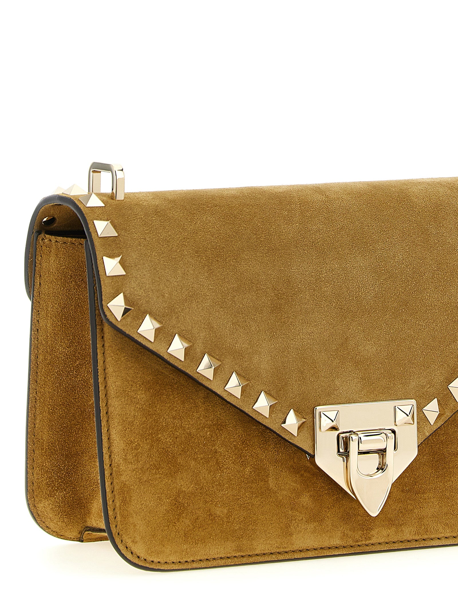 Small 2-in-1 Shoulder & Crossbody Envelope Handbag by Valentino Garavani for women in suede calfskin leather beige, gold & signature features an multi-faceted design with a secure snap, ample , and versatile crossbody-strap, shoulder-strap & adjustable-strap for a multi-faceted finish.