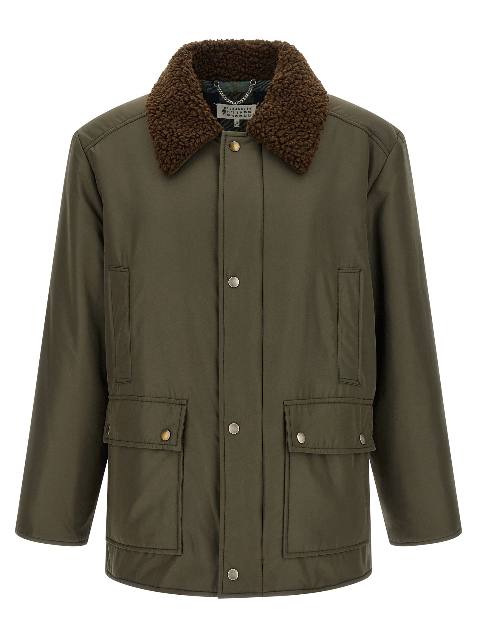Parka by Maison Margiela for men in polyester bicolour, green, olive, silver & tartan features an avant garde silhouette, showcasing refined pockets and a sophisticated for a polished look.