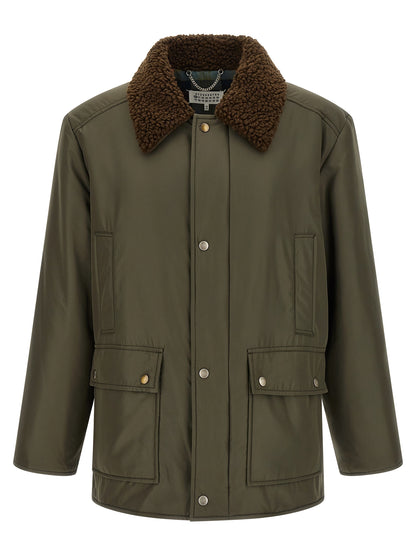 Parka by Maison Margiela for men in polyester bicolour, green, olive, silver & tartan features an avant garde silhouette, showcasing refined pockets and a sophisticated for a polished look.