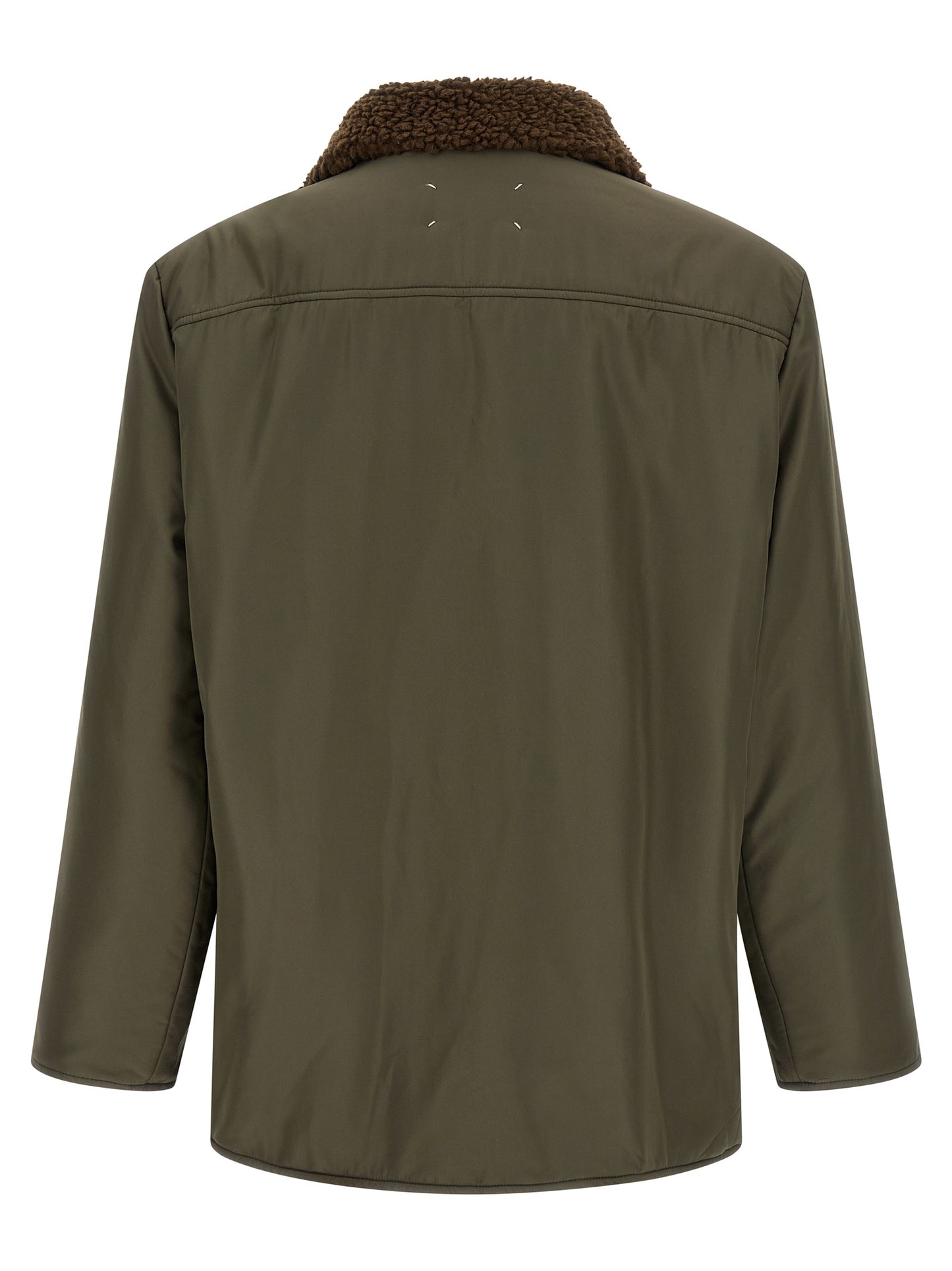 Parka by Maison Margiela for men in polyester bicolour, green, olive, silver & tartan presents a decadent silhouette, showcasing the decadent and functional pockets for a premium, weather-ready look.