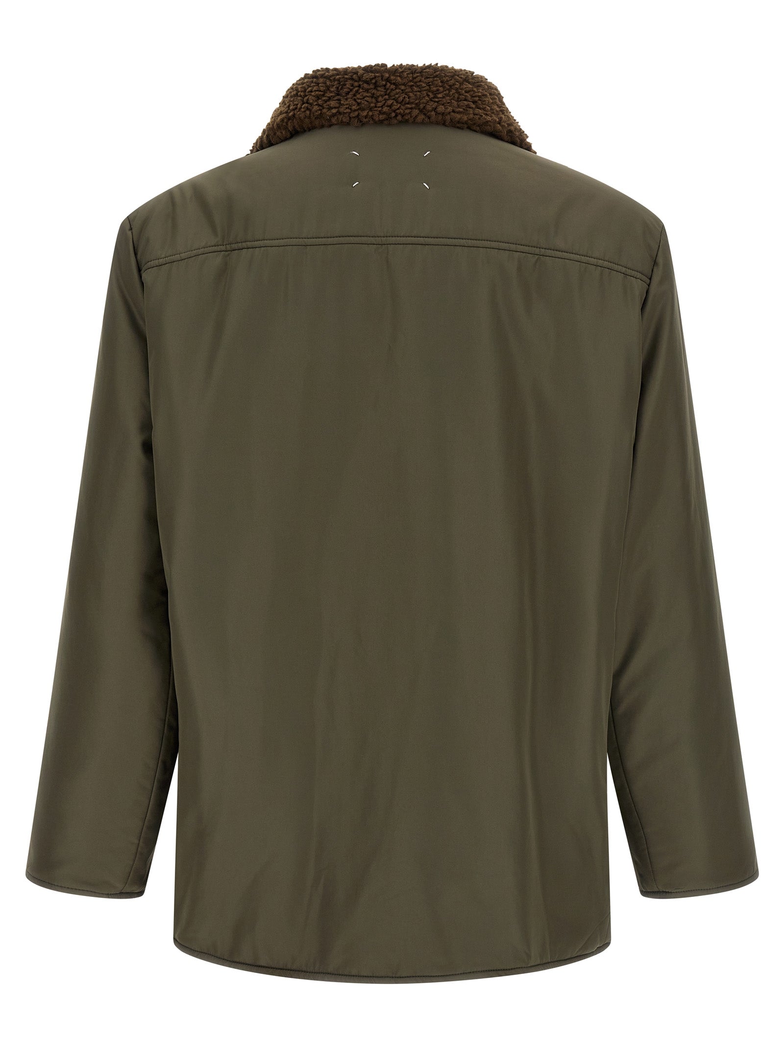 Parka by Maison Margiela for men in polyester bicolour, green, olive, silver & tartan presents a decadent silhouette, showcasing the decadent and functional pockets for a premium, weather-ready look.