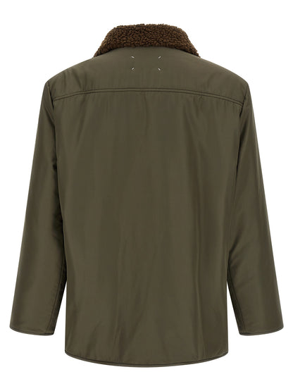 Parka by Maison Margiela for men in polyester bicolour, green, olive, silver & tartan presents a decadent silhouette, showcasing the decadent and functional pockets for a premium, weather-ready look.