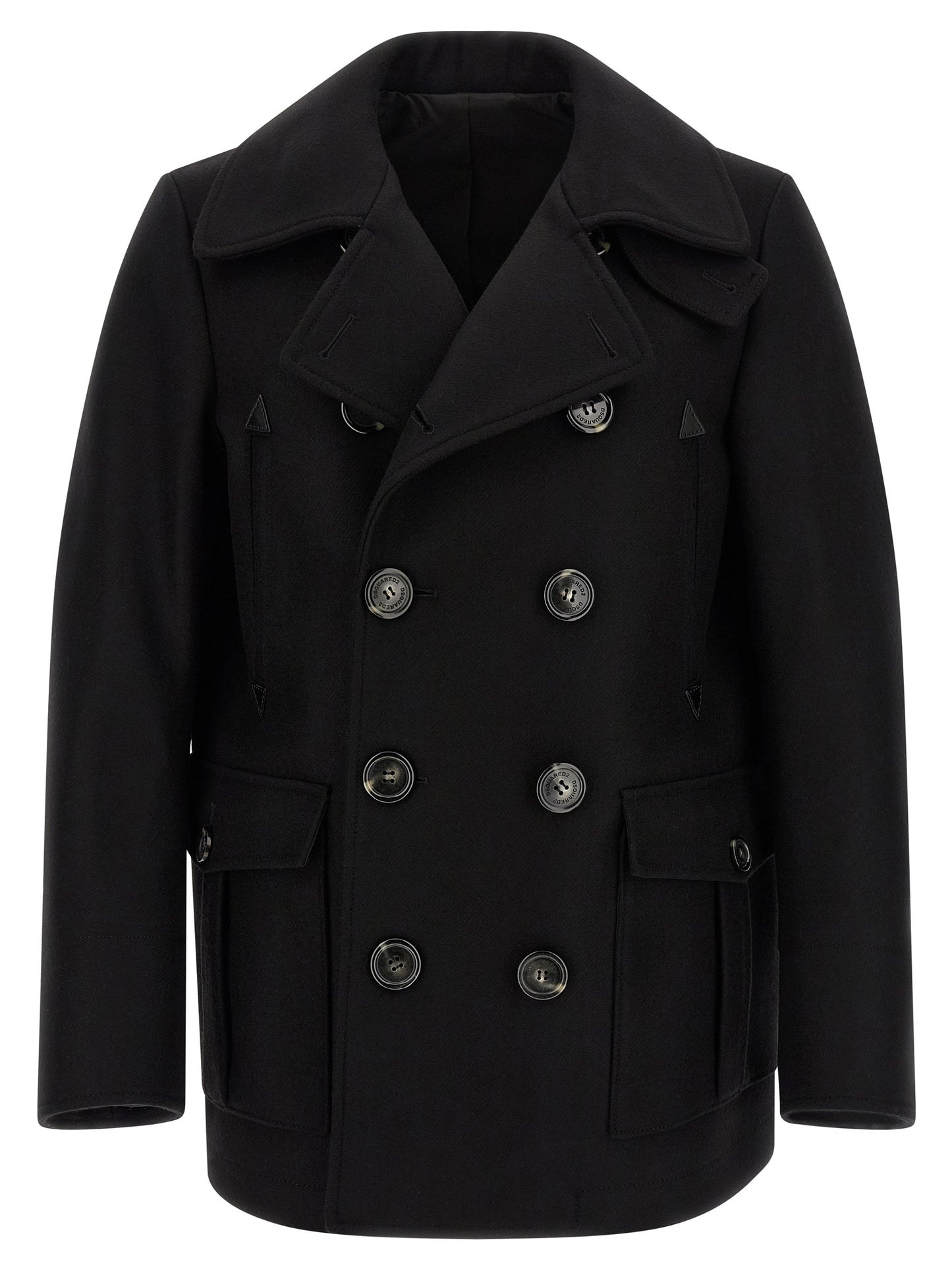 Overcoat by Dsquared² for men in polyamide wool black features an voluminous silhouette, showcasing distinct pockets and a voluminous for a truly voluminous aesthetic.