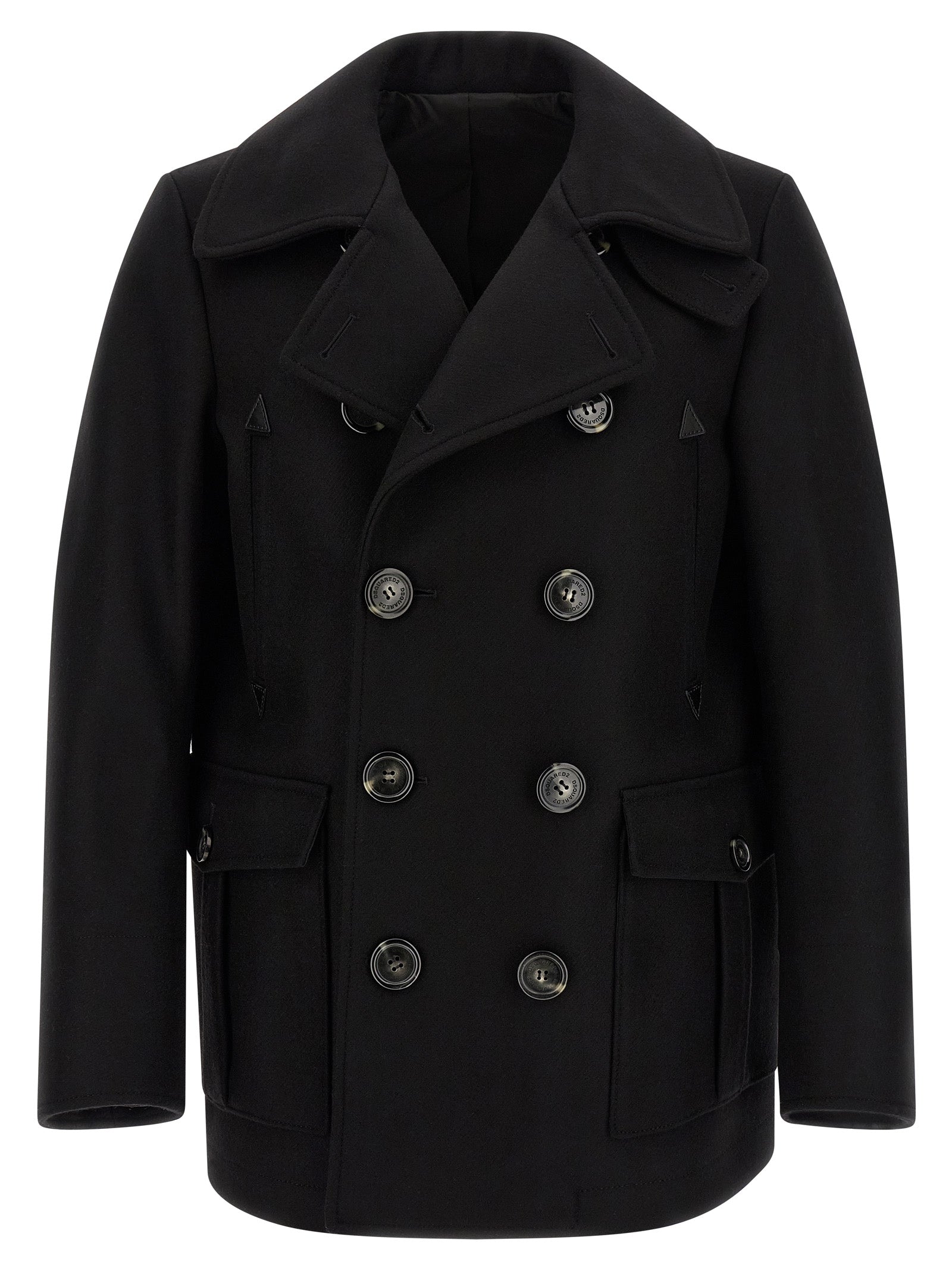 Overcoat by Dsquared² for men in polyamide wool black features an voluminous silhouette, showcasing distinct pockets and a voluminous for a truly voluminous aesthetic.