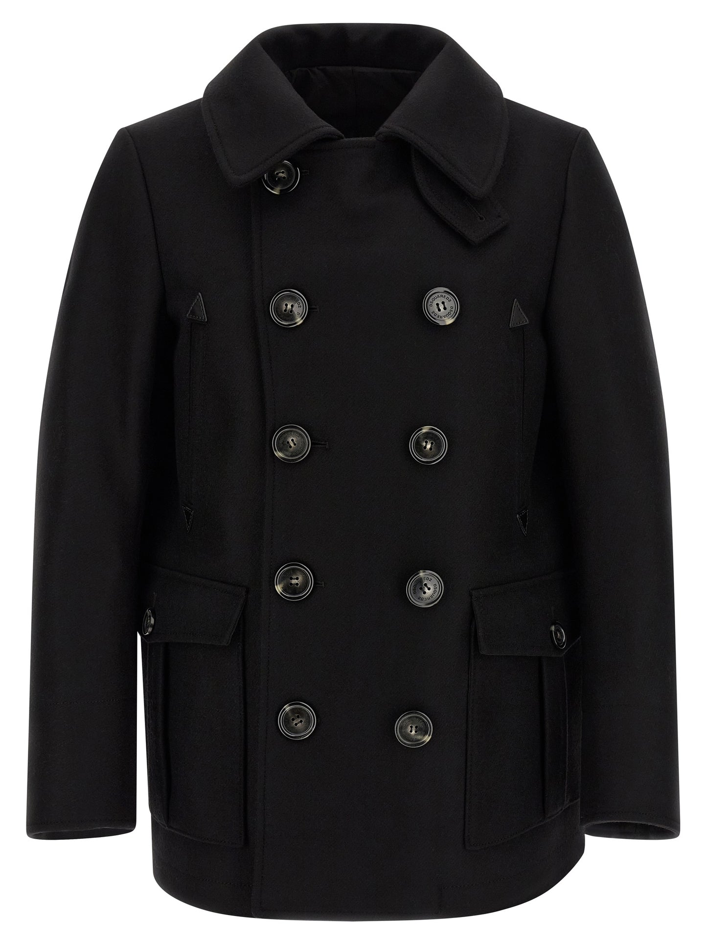 Overcoat by Dsquared² for men in polyamide wool black showcases a architectural silhouette, artfully detailed with a distinctive and functional pockets for a architectural finish.