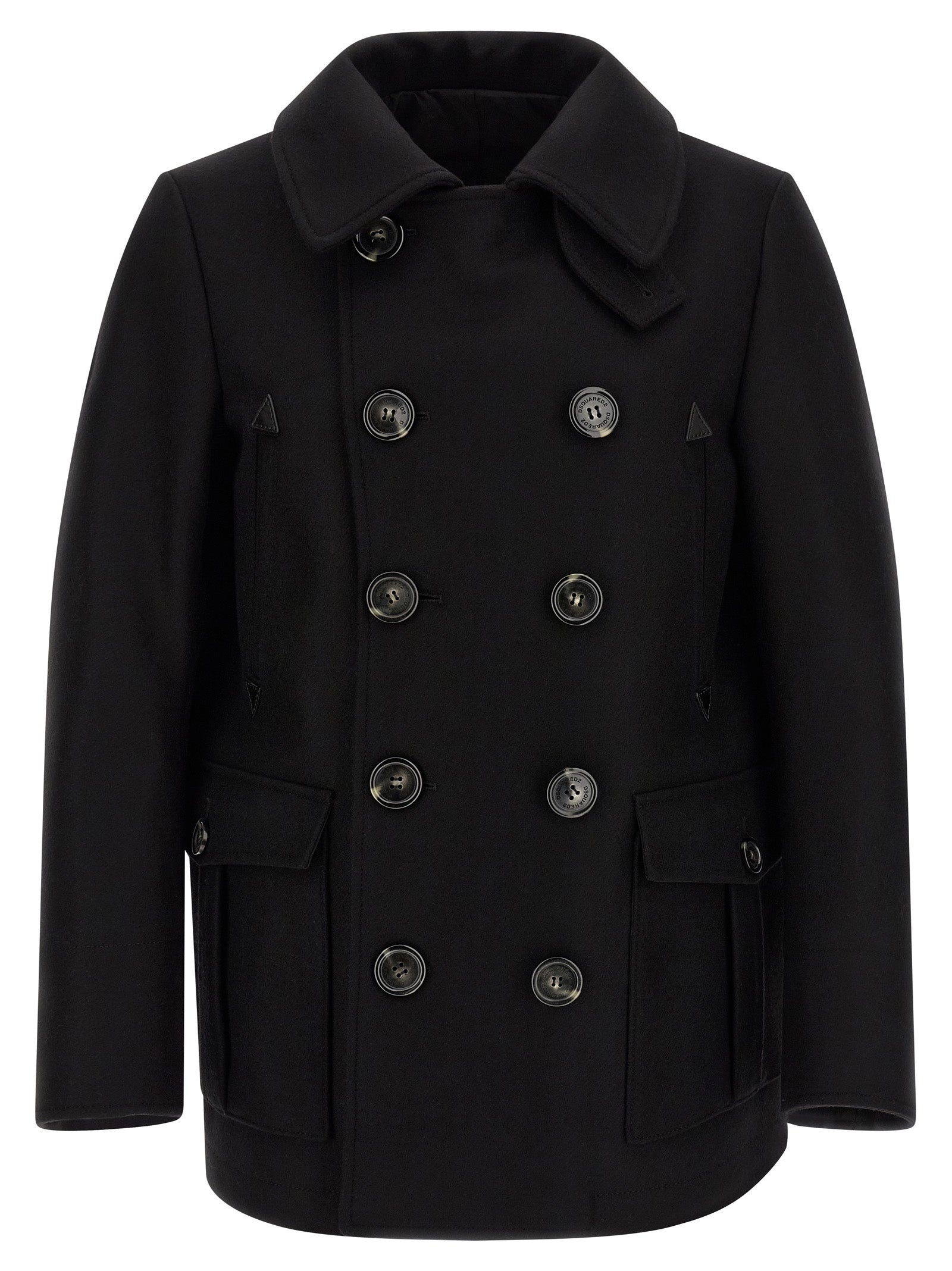 Overcoat by Dsquared² for men in polyamide wool black showcases a architectural silhouette, artfully detailed with a distinctive and functional pockets for a architectural finish.