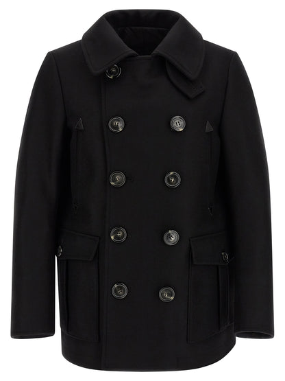 Overcoat by Dsquared² for men in polyamide wool black showcases a architectural silhouette, artfully detailed with a distinctive and functional pockets for a architectural finish.