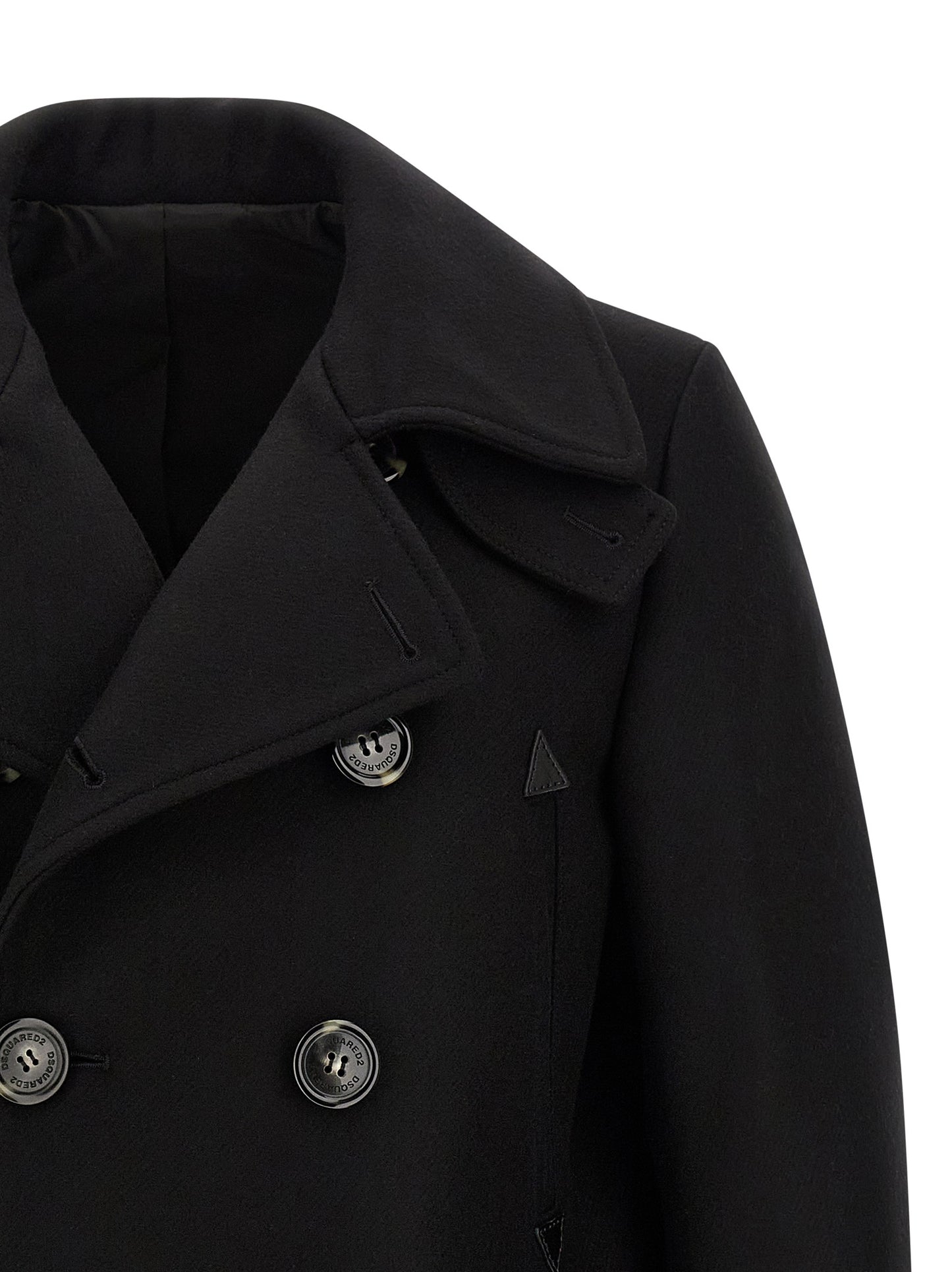 Overcoat by Dsquared² for men in polyamide wool black features a cosy chic silhouette, artfully detailed with a sophisticated and premium pockets for a cosy chic finish.