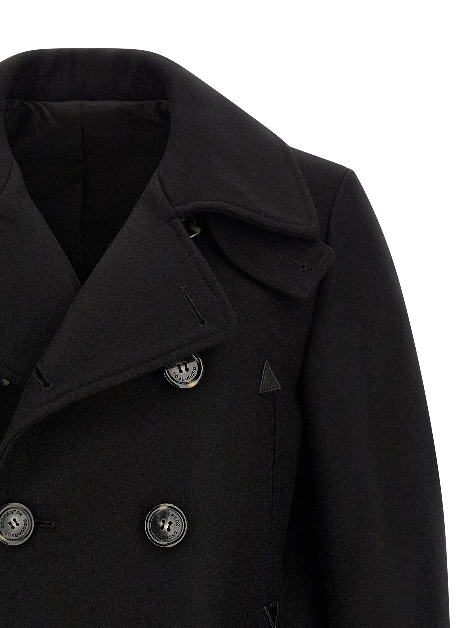 Overcoat by Dsquared² for men in polyamide wool black features a cosy chic silhouette, artfully detailed with a sophisticated and premium pockets for a cosy chic finish.