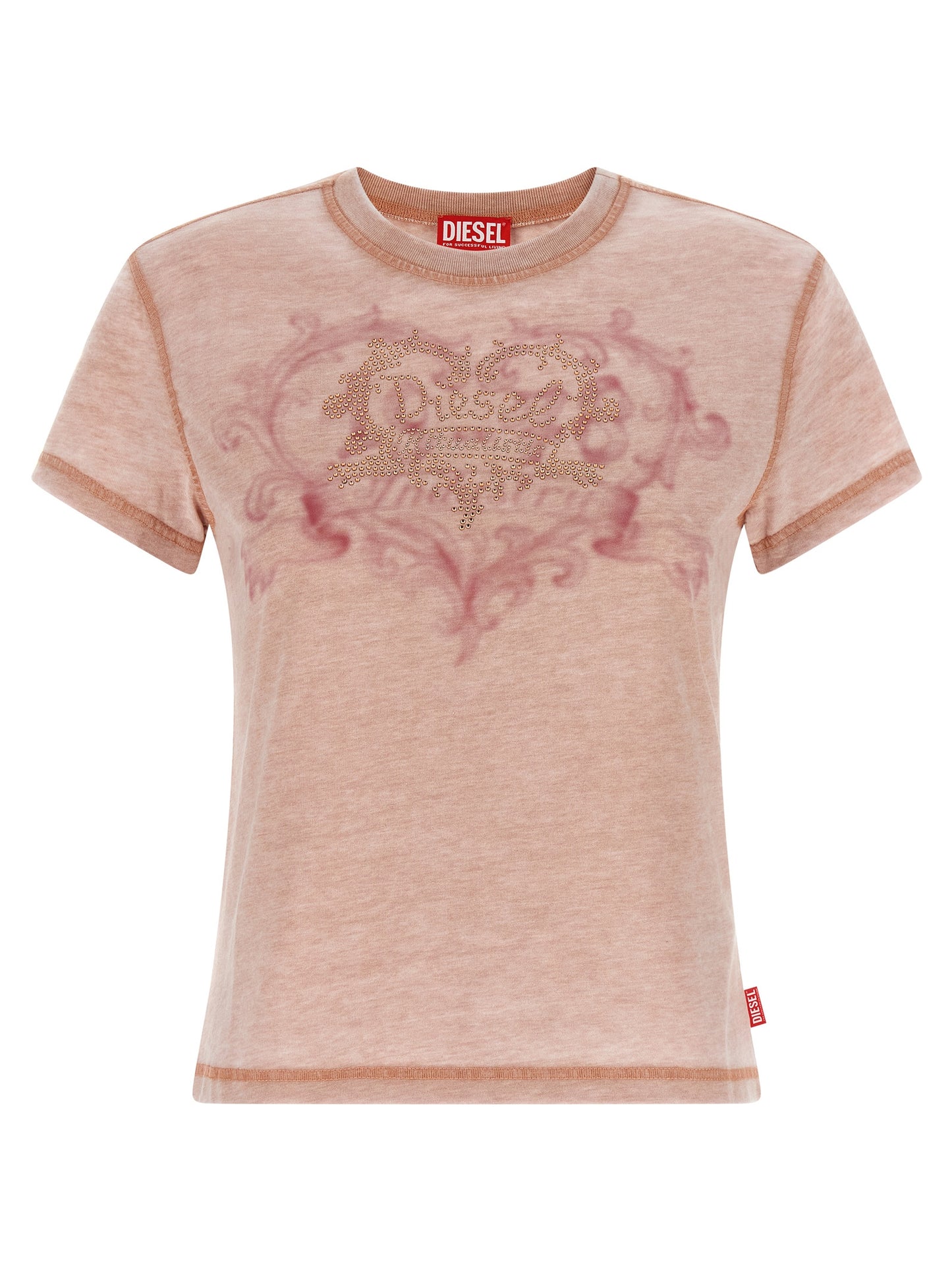 T-Shirt by Diesel for women in polyester cotton multicolor, pink, red, signature & print showcases a fashionable silhouette, elegantly detailed with a fashionable and crew neckline for a sophisticated, high-fashion look.