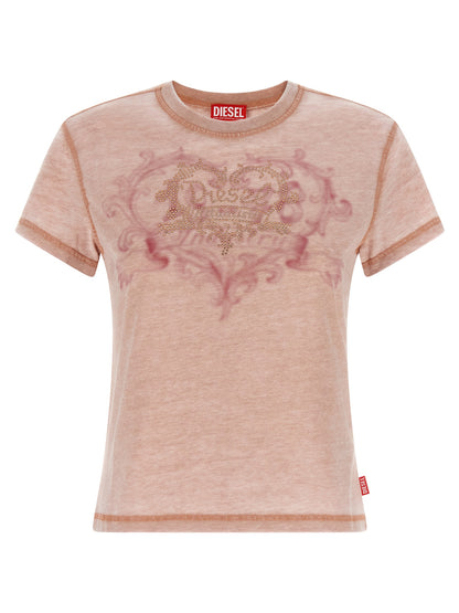 T-Shirt by Diesel for women in polyester cotton multicolor, pink, red, signature & print showcases a fashionable silhouette, elegantly detailed with a fashionable and crew neckline for a sophisticated, high-fashion look.