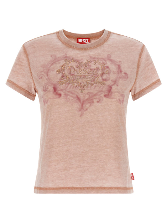 T-Shirt by Diesel for women in polyester cotton multicolor, pink, red, signature & print showcases a fashionable silhouette, elegantly detailed with a fashionable and crew neckline for a sophisticated, high-fashion look.