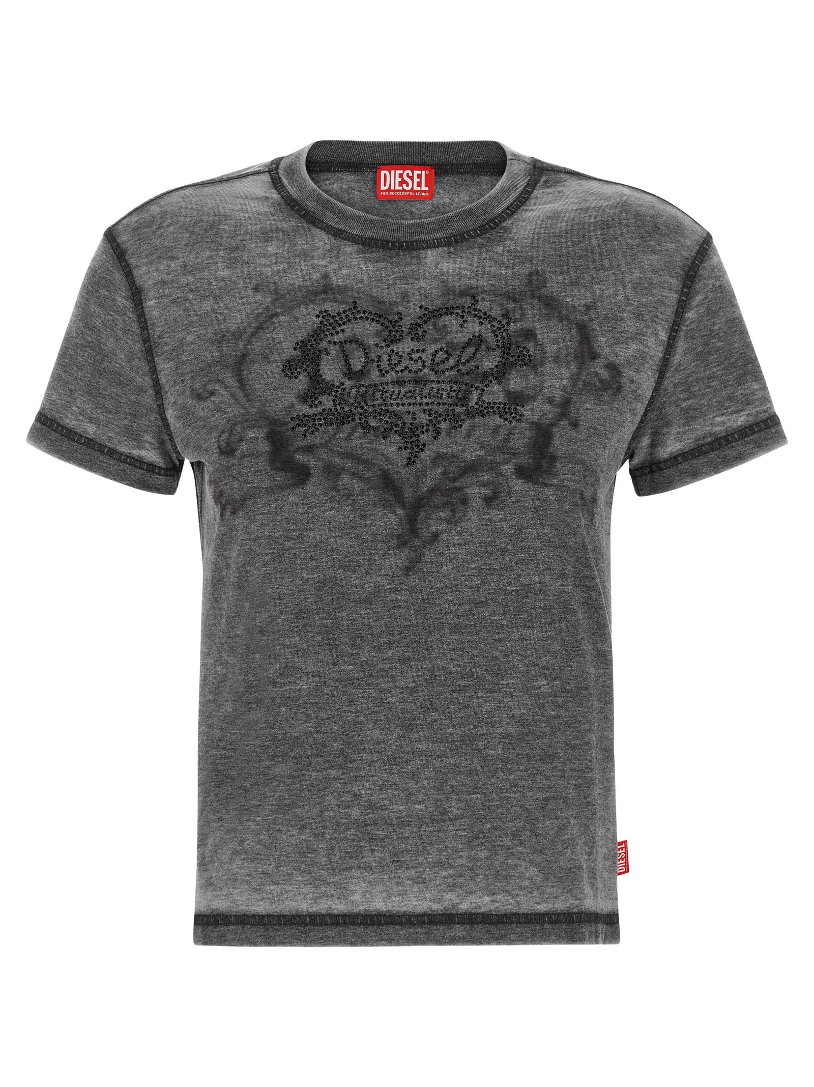 T-Shirt by Diesel for women in polyester cotton black, gray & patterned features a plush silhouette, showcasing a sophisticated crew neckline and for a truly plush finish.