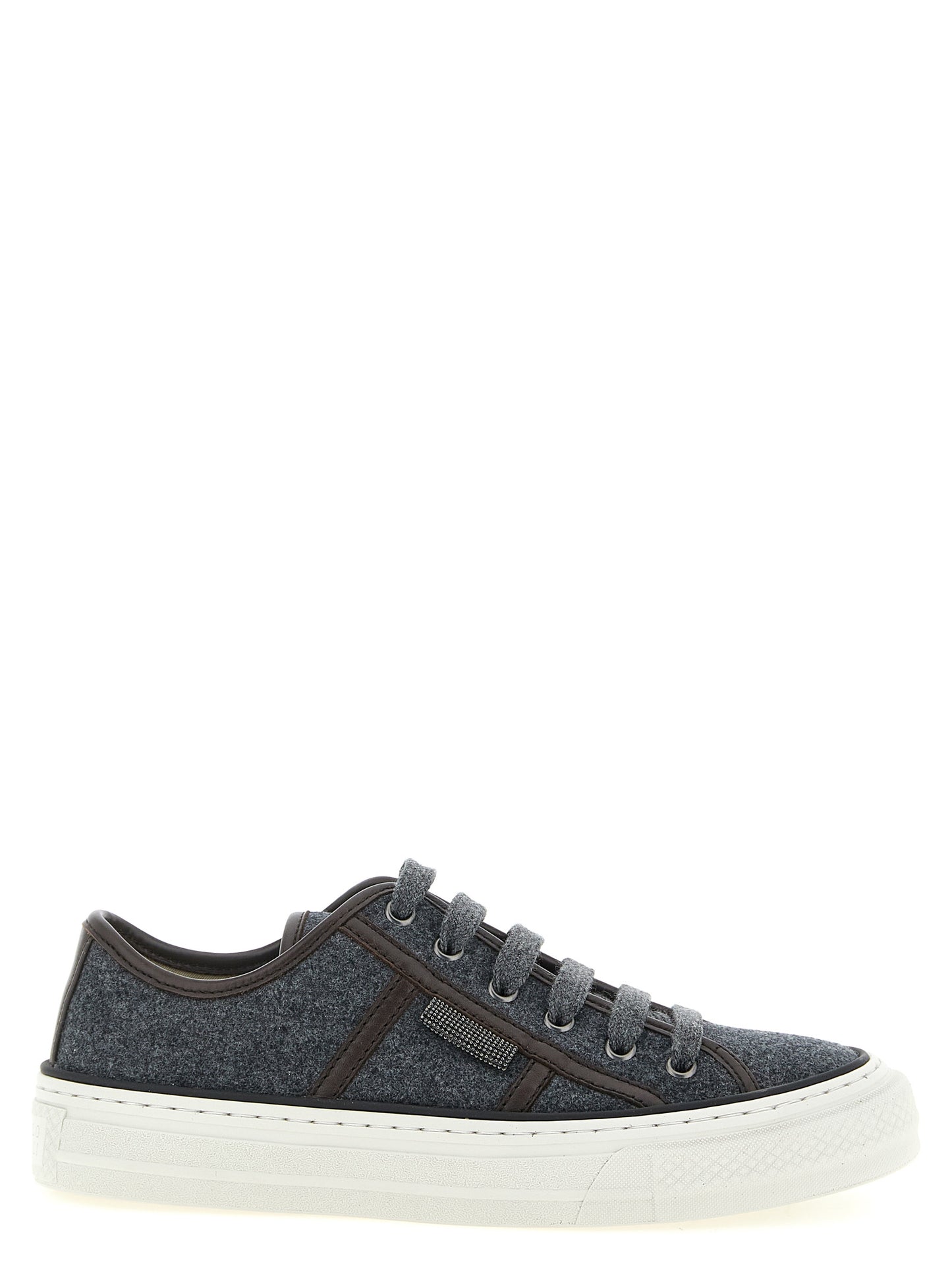 Sneakers by Brunello Cucinelli for women in virgin wool & leather gray & signature features an fashionable silhouette, showcasing the premium Monile Women's Low Top Virgin Wool & Leather Sneakers in a fashionable low-top style that offers a fashionable finish for refined style.