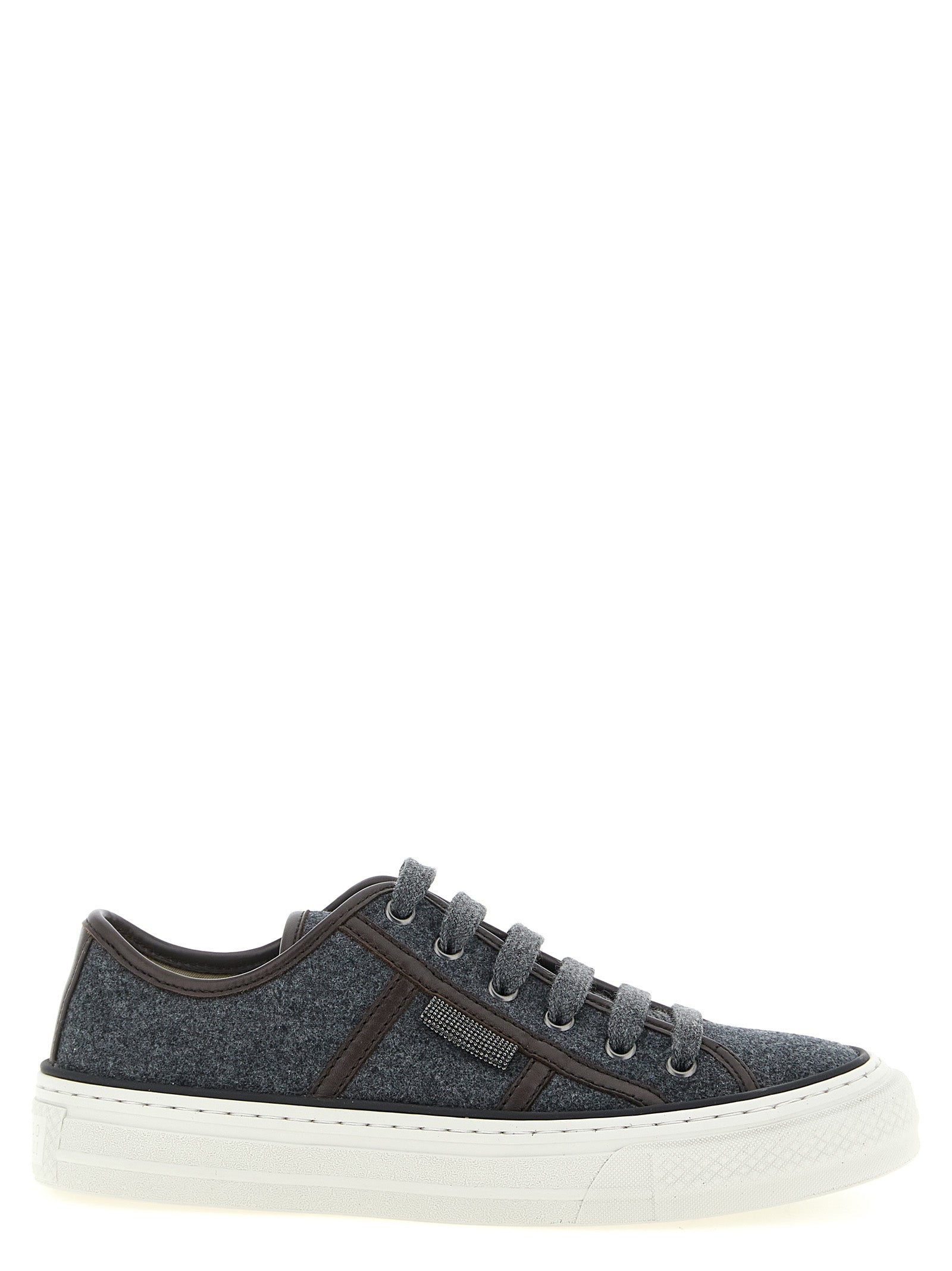 Sneakers by Brunello Cucinelli for women in virgin wool & leather gray & signature features an fashionable silhouette, showcasing the premium Monile Women's Low Top Virgin Wool & Leather Sneakers in a fashionable low-top style that offers a fashionable finish for refined style.
