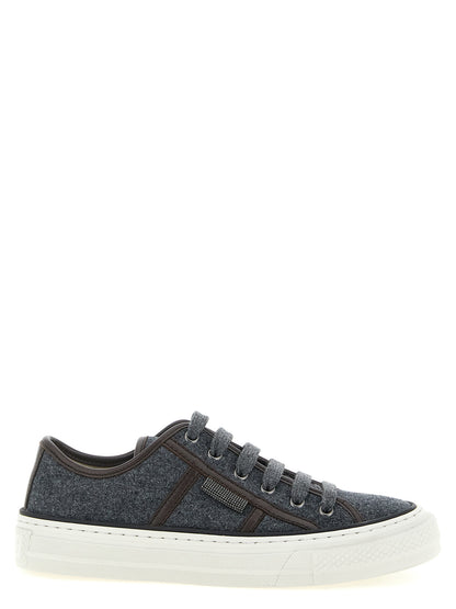 Sneakers by Brunello Cucinelli for women in virgin wool & leather gray & signature features an fashionable silhouette, showcasing the premium Monile Women's Low Top Virgin Wool & Leather Sneakers in a fashionable low-top style that offers a fashionable finish for refined style.