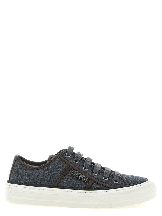 Sneakers by Brunello Cucinelli for women in virgin wool & leather gray & signature features an fashionable silhouette, showcasing the premium Monile Women's Low Top Virgin Wool & Leather Sneakers in a fashionable low-top style that offers a fashionable finish for refined style.