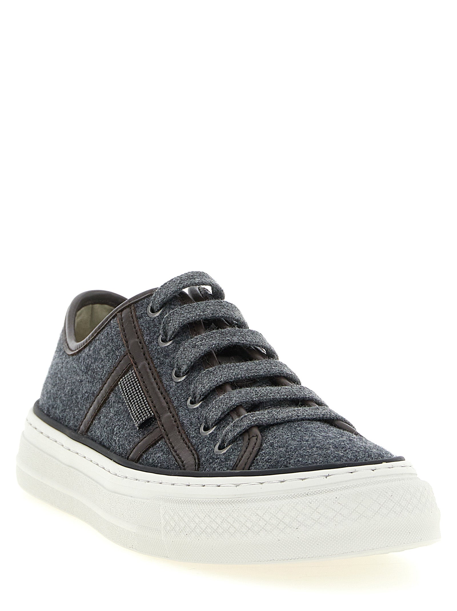 Sneakers by Brunello Cucinelli for women in virgin wool & leather gray & signature features a chic design, perfectly showcasing the chic low-top style of this Monile Women's Low Top Virgin Wool & Leather Sneakers.